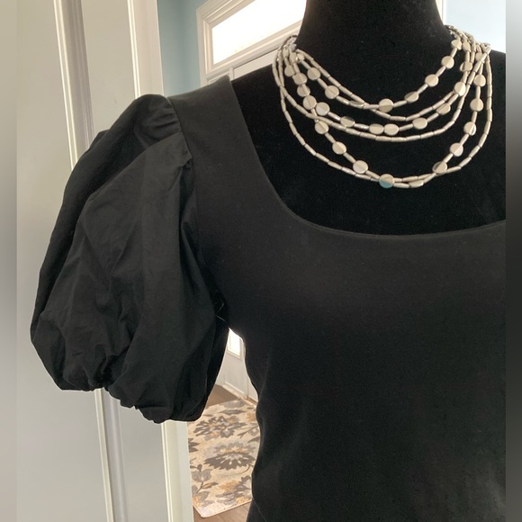 Anthropologie Black Puff Sleeve Top Wrap Top Tie Back 100% Cotton - Picture 5 of 10